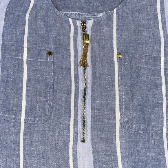 Ellen Tracy Linen Blouse Women's Large Blue Stripped Gold Zip‎ Pocket Nautical - Picture 4 of 8